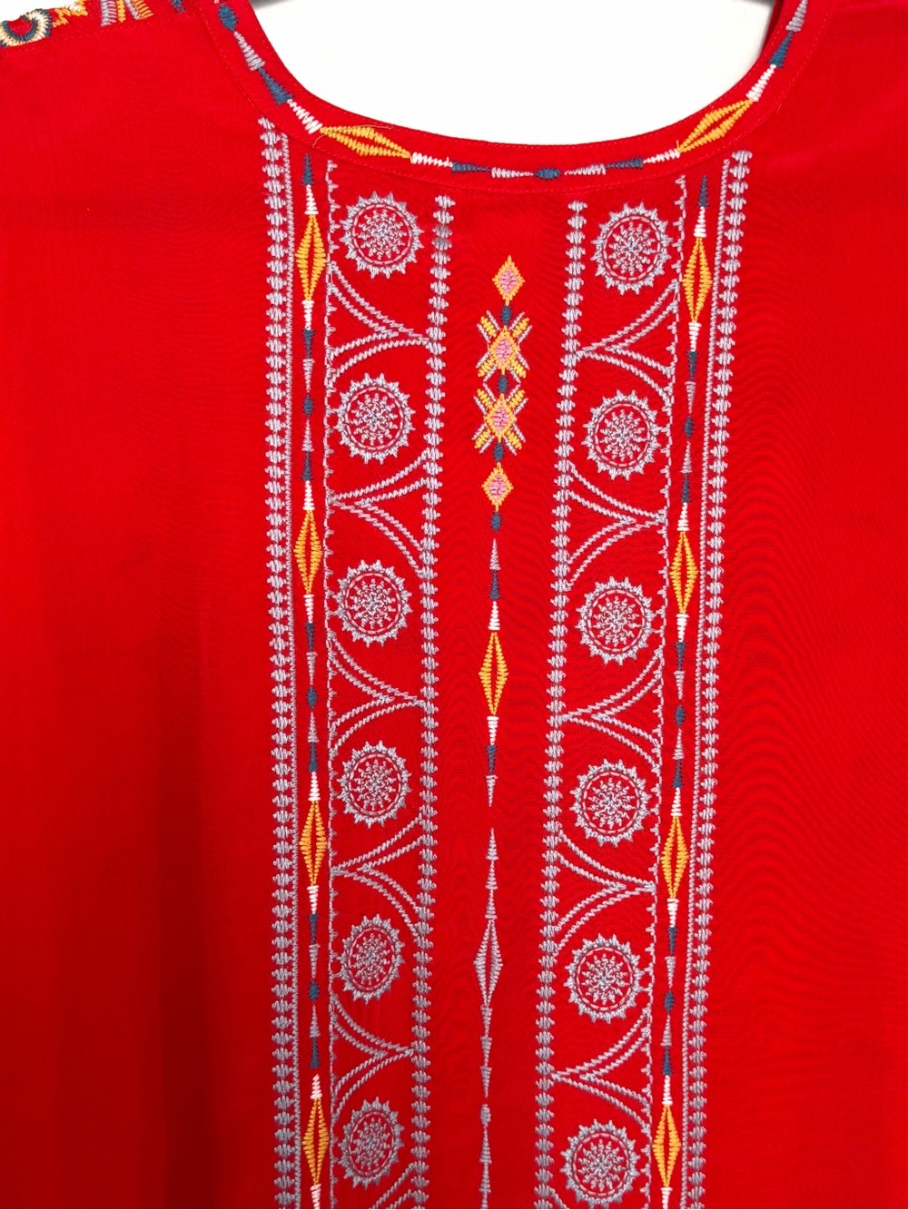 John Mark Red Embroidered XL Boho V-Neck Tunic Top Flowy Floral Artisan - Picture 10 of 13